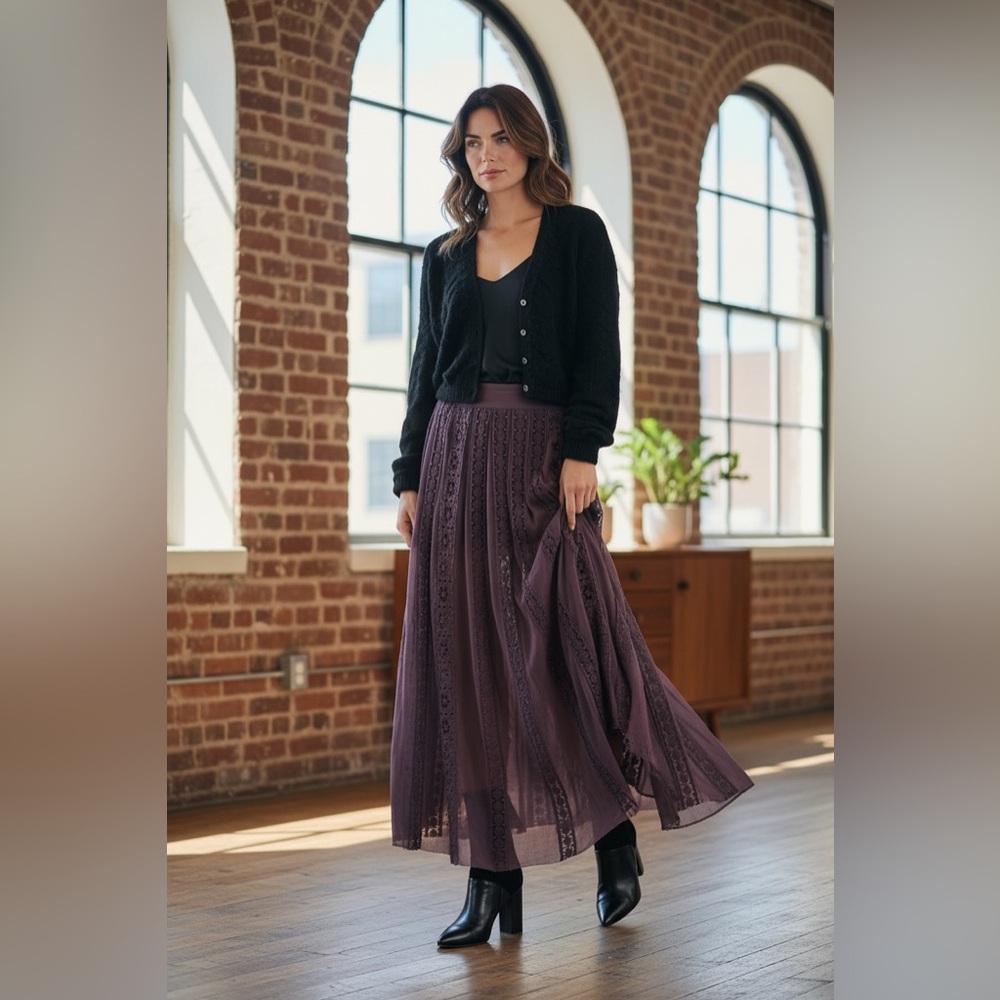 Free People Elegant Eggplant Purple Lace Maxi Skirt RARE - Picture 4 of 11